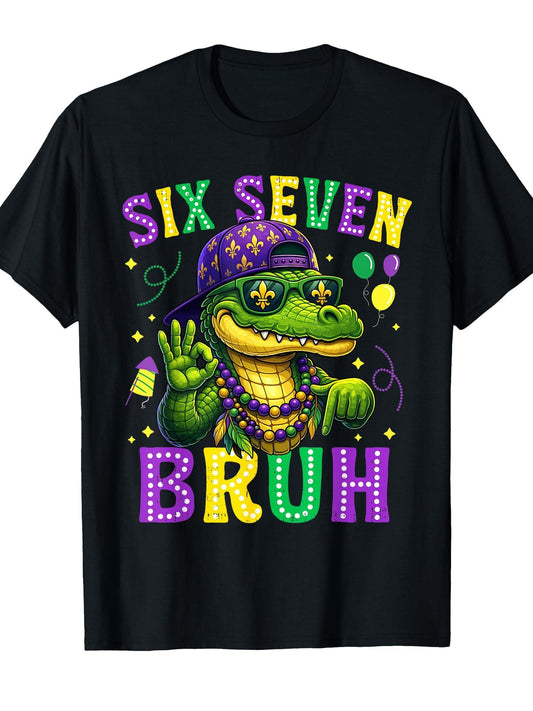 Mardi Gras Six Seven Bruh Mardigator Alligator 6 7 Meme Boys T-Shirt Carnival 180gsm Cotton Round Neck Short Sleeve Men Casual T-Shirt