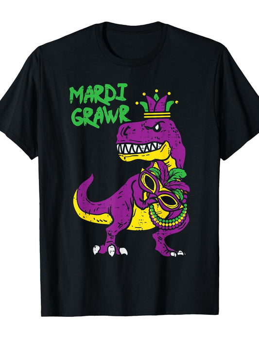 Mardi Grawr T-Rex Dino Toddler Kids Mardi Gras Boys Gift T-Shirt Carnival 180gsm Cotton Round Neck Short Sleeve Men Casual T-Shirt