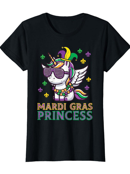 Mardi Gras Princess Unicorn Fat Tuesday Girls Kids Toddler T-Shirt Carnival 180gsm Cotton Round Neck Short Sleeve Men Casual T-Shirt