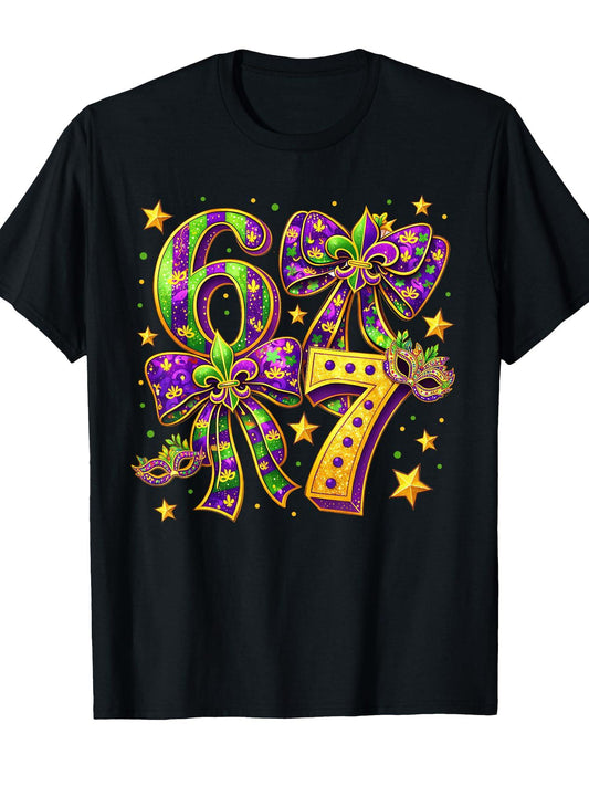 Mardi Gras Six Seven Bow Jester Beads 6 7 Meme Girls Kids T-Shirt Carnival 180gsm Cotton Round Neck Short Sleeve Men Casual T-Shirt