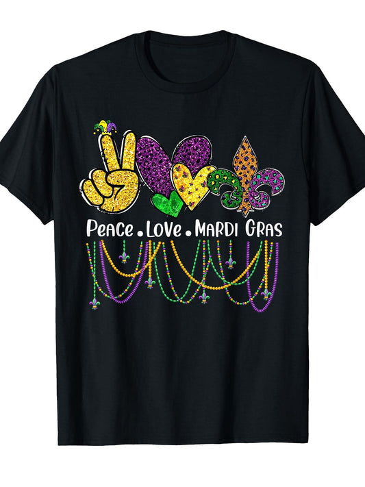 Peace Love Mardi Gras Beads for Women Carnival Parade T-Shirt Carnival 180gsm Cotton Round Neck Short Sleeve Men Casual T-Shirt