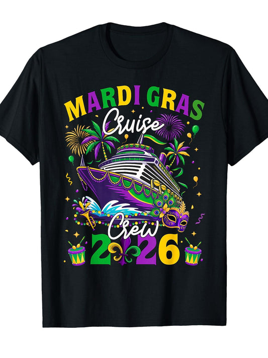 Mardi Gras Cruise Crew 2026 Trip New Orleans Family Matching T-Shirt Carnival 180gsm Cotton Round Neck Short Sleeve Men Casual T-Shirt