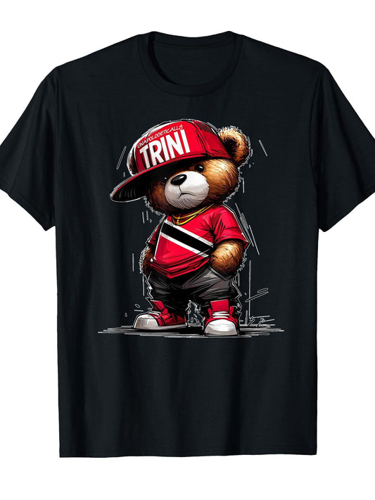 Unapologetically Trini Cool Teddy Bear Trinidad Flag Art T-Shirt Carnival 180gsm Cotton Round Neck Short Sleeve Men Casual T-Shirt