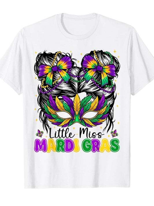 Mardi Gras Messy Bun Coquette Bead Women Girl Kid Toddler T-Shirt Carnival 180gsm Cotton Round Neck Short Sleeve Men Casual T-Shirt