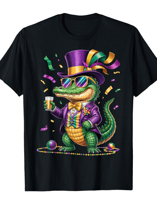 Mardigator Mardi Gras Alligator Outfit Men Women Kids T-Shirt Carnival 180gsm Cotton Round Neck Short Sleeve Men Casual T-Shirt