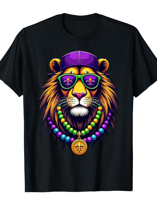 Mardigator Mardi Gras Lion Costume Men Women Mardi Gras T-Shirt Carnival 180gsm Cotton Round Neck Short Sleeve Men Casual T-Shirt