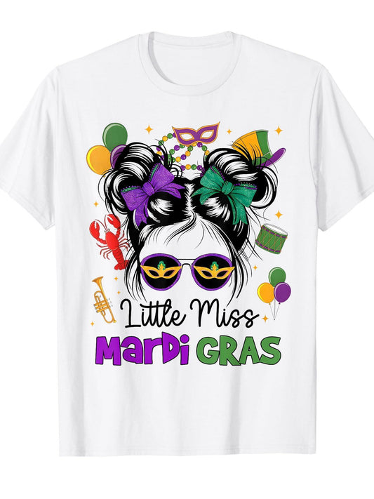 Little Miss Mardi Gras Messy Bun Girls Kids New Orleans T-Shirt Carnival 180gsm Cotton Round Neck Short Sleeve Men Casual T-Shirt