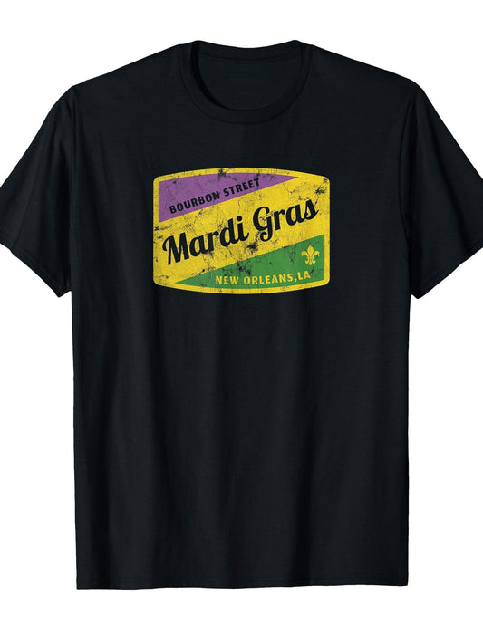 Mardi Gras Bourbon Street T-Shirt Carnival 180gsm Cotton Round Neck Short Sleeve Men Casual T-Shirt
