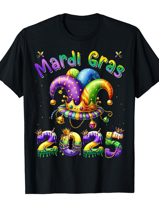 Happy Mardi Gras Carnival Mardi Gras 2025 Jester Outfit Unisex Adults Kids T-Shirt Black Small Short Sleeve Casual Festive... Carnival 180gsm Cotton Round Neck Short Sleeve Men Casual T-Shirt