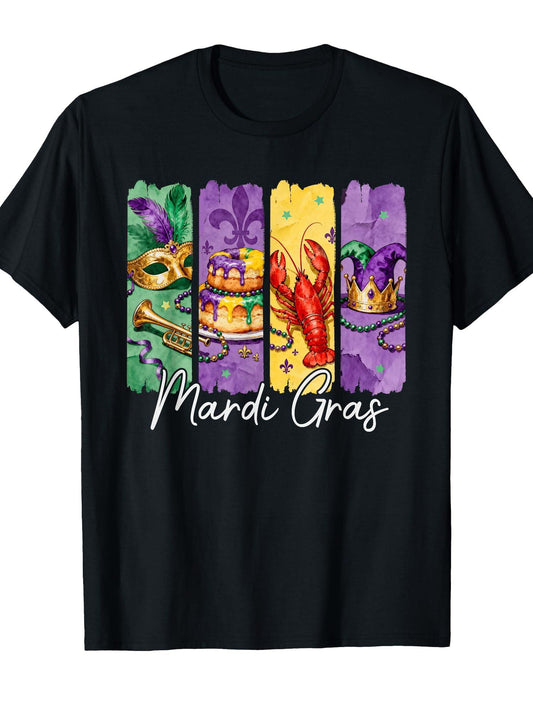 Mardi Gras Jester Hat Mask Beads Crawfish Carnival Parade T-Shirt Carnival 180gsm Cotton Round Neck Short Sleeve Men Casual T-Shirt