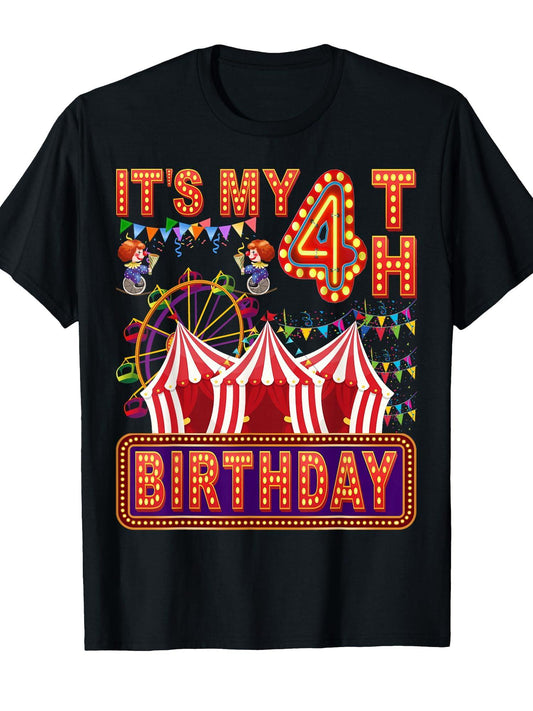 It's My 4th Birthday Circus Carnival Birthday Party Decor T-Shirt Carnival 180gsm Cotton Round Neck Short Sleeve Men Casual T-Shirt