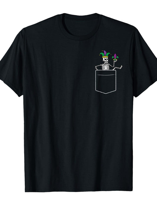 Mardi Gras Skeleton Pocket Carnival Bones Men Women Kids T-Shirt Carnival 180gsm Cotton Round Neck Short Sleeve Men Casual T-Shirt