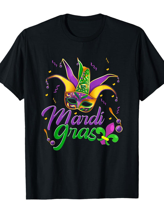 Mardi Gras Mask Jester Hat Colorful Carnival Party T-Shirt Carnival 180gsm Cotton Round Neck Short Sleeve Men Casual T-Shirt