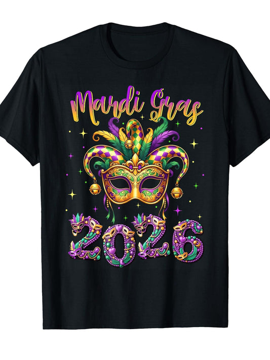 Happy Mardi Gras Carnival 2026 Jester Hat Men Women Kid T-Shirt Carnival 180gsm Cotton Round Neck Short Sleeve Men Casual T-Shirt