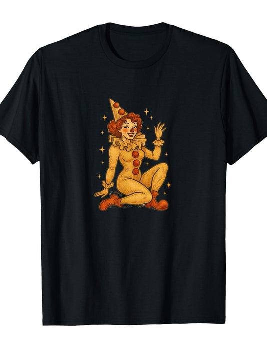 Retro Clown Girl Pinup Costume Circus Carnival Aesthetic T-Shirt Carnival 180gsm Cotton Round Neck Short Sleeve Men Casual T-Shirt