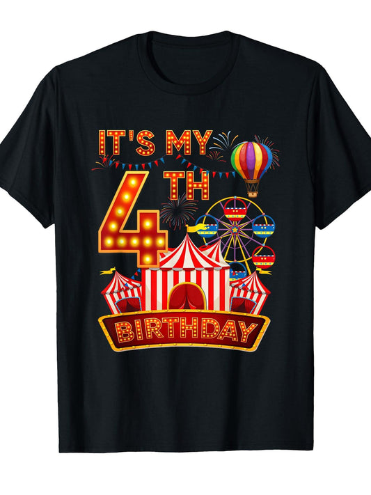 It's My 4th Birthday Circus Carnival 4 Year Old Party Kids T-Shirt Carnival 180gsm Cotton Round Neck Short Sleeve Men Casual T-Shirt