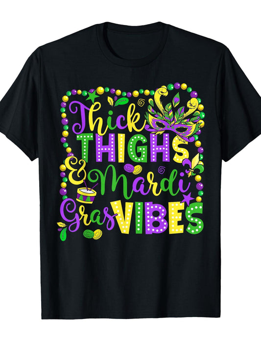 Thick Thighs Mardi Gras Vibes Funny Carnival Beads Men Women T-Shirt Carnival 180gsm Cotton Round Neck Short Sleeve Men Casual T-Shirt
