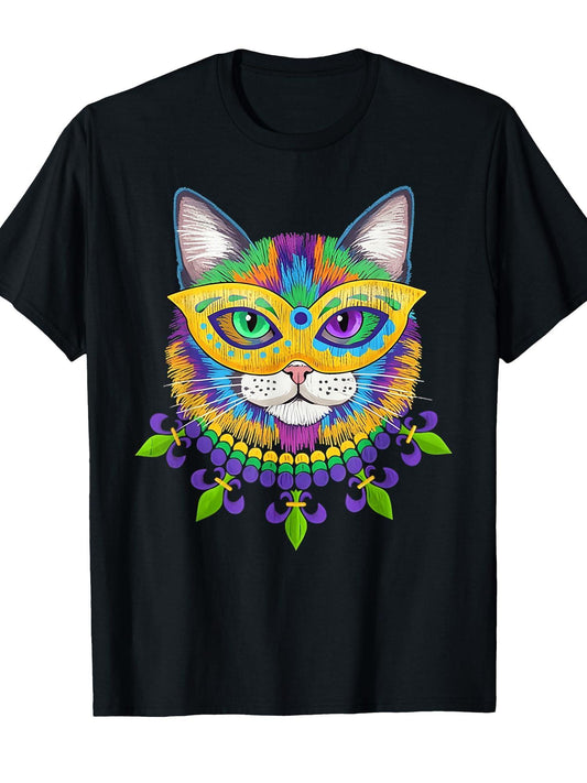 Mardi Gras Cat Mask for Women Girls Cat Lovers Carnival T-Shirt Carnival 180gsm Cotton Round Neck Short Sleeve Men Casual T-Shirt