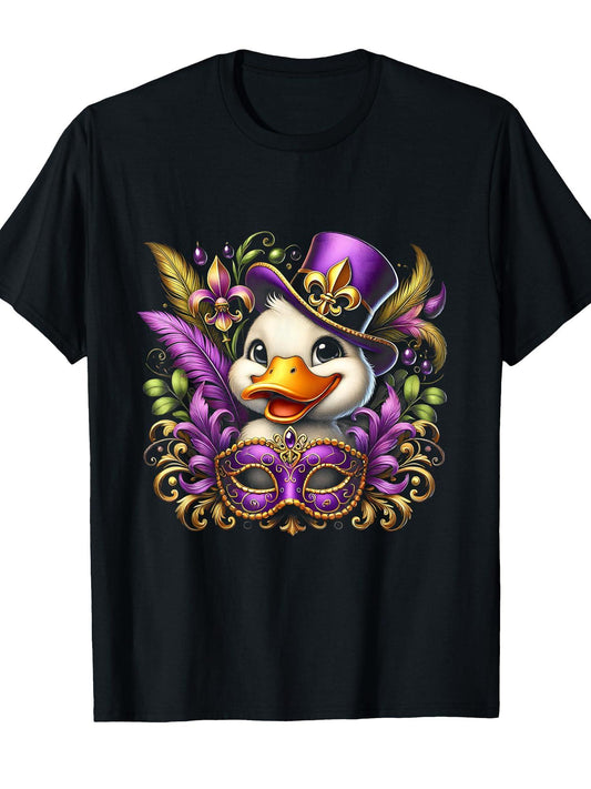Mardi Gras Duck With Mask Duck Lover Carnival Festival T-Shirt Carnival 180gsm Cotton Round Neck Short Sleeve Men Casual T-Shirt