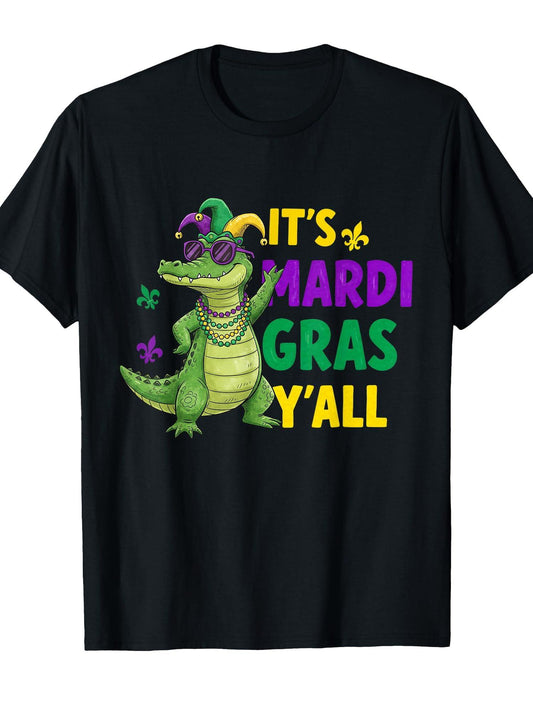 It's Mardi Gras Y'all Alligator Jester Hat Beads Carnival T-Shirt Carnival 180gsm Cotton Round Neck Short Sleeve Men Casual T-Shirt