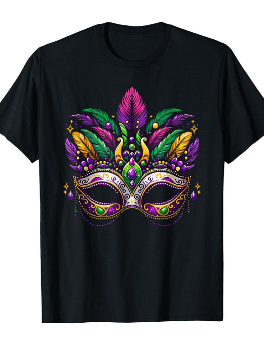 Mardi Gras Masquerade Mask Festive Carnival Costume T-Shirt Carnival 180gsm Cotton Round Neck Short Sleeve Men Casual T-Shirt