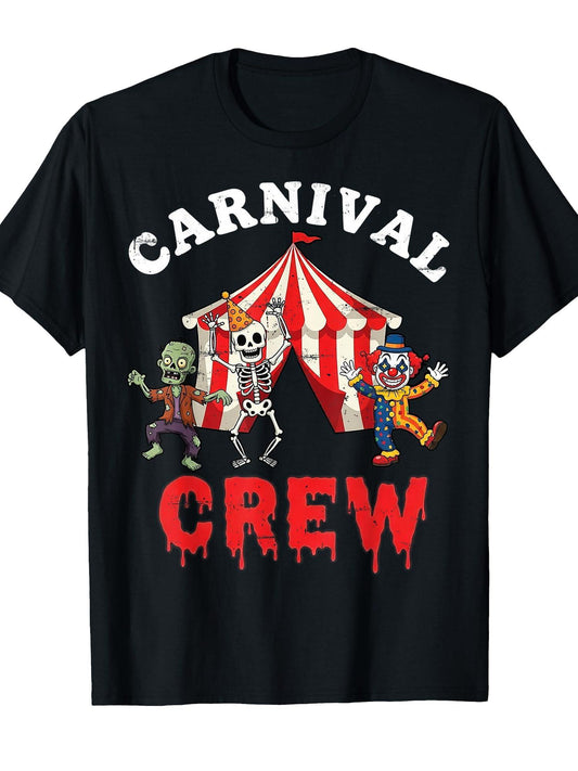 Carnival Crew Zombie Skeleton Clown Funny Halloween Circus T-Shirt Carnival 180gsm Cotton Round Neck Short Sleeve Men Casual T-Shirt