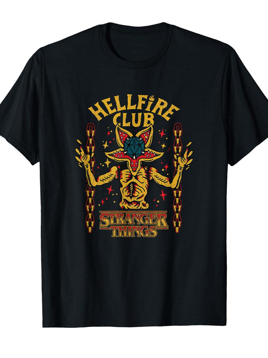 Stranger Things Distressed Hellfire Club Neon Demogorgon T-Shirt Hellfire Club 180gsm Cotton Round Neck Short Sleeve Men Casual T-Shirt