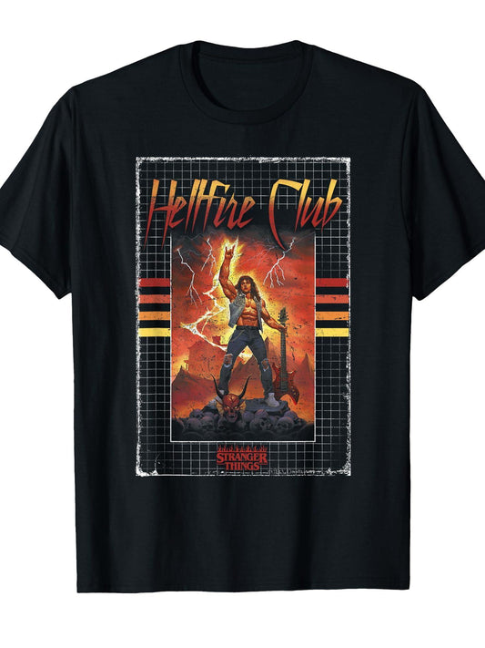 Stranger Things 4 Eddie Munson Hellfire Club Guitar Power T-Shirt Hellfire Club 180gsm Cotton Round Neck Short Sleeve Men Casual T-Shirt