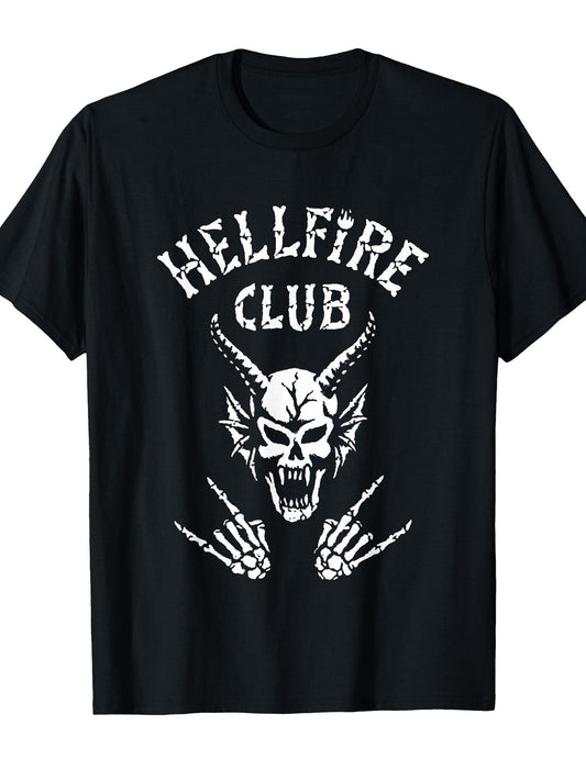 Stranger Things Hellfire Club Rock On Badge T-Shirt Hellfire Club 180gsm Cotton Round Neck Short Sleeve Men Casual T-Shirt