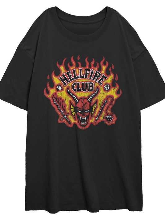 Juniors Stranger Things Distressed Hellfire Club Flame Badge T Shirt Black Hellfire Club 180gsm Cotton Round Neck Short Sleeve Men Casual T-Shirt