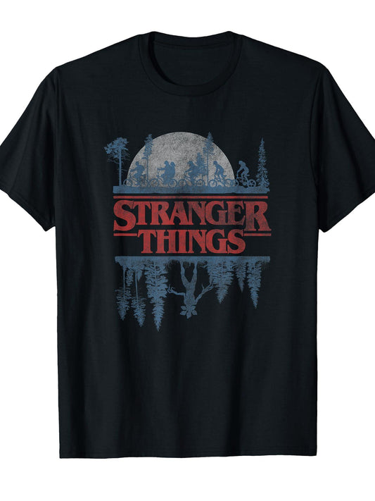 Stranger Things Blue Gradient Shadow Upside Down Logo T-Shirt Hellfire Club 180gsm Cotton Round Neck Short Sleeve Men Casual T-Shirt