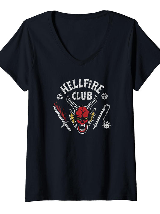 Womens Stranger Things 4 Hellfire Club Skull & Weapons V-Neck T-Shirt Hellfire Club 180gsm Cotton Round Neck Short Sleeve Men Casual T-Shirt