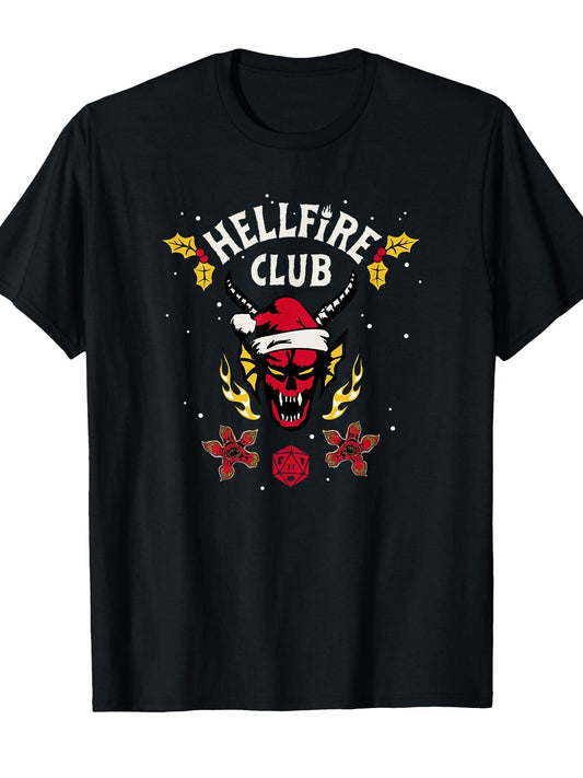 Stranger Things Christmas Hellfire Club Holiday Sweater T-Shirt Hellfire Club 180gsm Cotton Round Neck Short Sleeve Men Casual T-Shirt