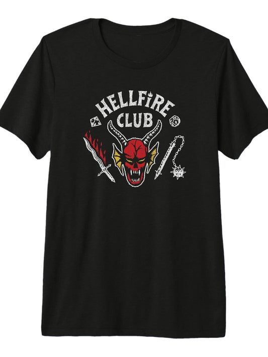 Stranger Things 4 Hellfire Club Skull & Weapons Premium Tri-Blend T-Shirt Hellfire Club 180gsm Cotton Round Neck Short Sleeve Men Casual T-Shirt