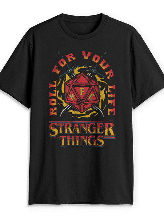 Men's Stranger Things Roll for Your Life Hellfire Club Flame Dice T-Shirt Hellfire Club 180gsm Cotton Round Neck Short Sleeve Men Casual T-Shirt