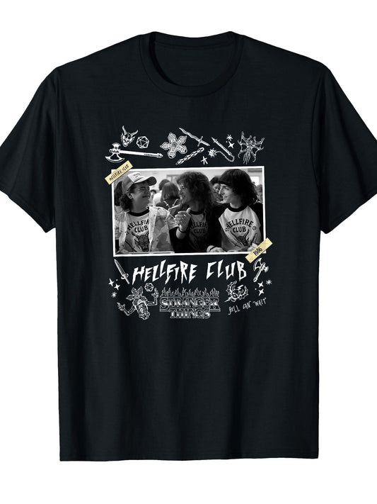 Stranger Things 4 Hellfire Club Yearbook Group Photo T-Shirt Hellfire Club 180gsm Cotton Round Neck Short Sleeve Men Casual T-Shirt