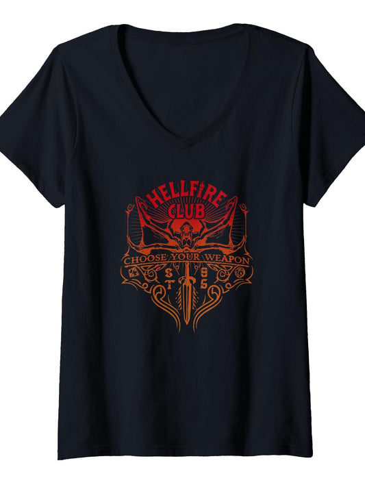 Womens Stranger Things 4 Hellfire Club Choose Your Weapon Logo V-Neck T-Shirt Hellfire Club 180gsm Cotton Round Neck Short Sleeve Men Casual T-Shirt