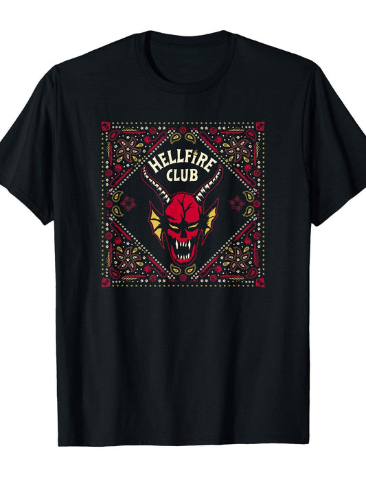 Stranger Things Hellfire Club Big Face Demon Pattern T-Shirt Hellfire Club 180gsm Cotton Round Neck Short Sleeve Men Casual T-Shirt