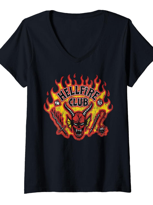 Womens Stranger Things Season 5 Hellfire Club Distressed Logo V-Neck T-Shirt Hellfire Club 180gsm Cotton Round Neck Short Sleeve Men Casual T-Shirt