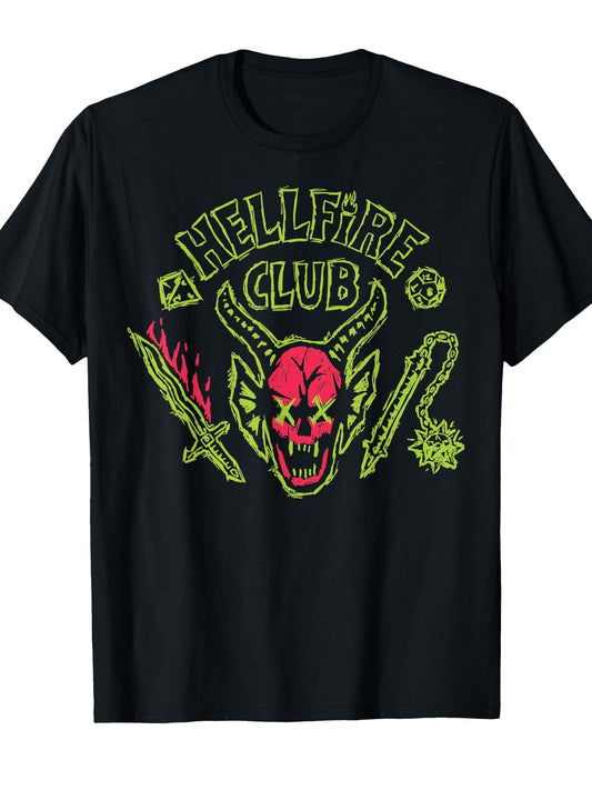 Stranger Things Hellfire Club Neon Logo Crossed Out Eyes T-Shirt Hellfire Club 180gsm Cotton Round Neck Short Sleeve Men Casual T-Shirt