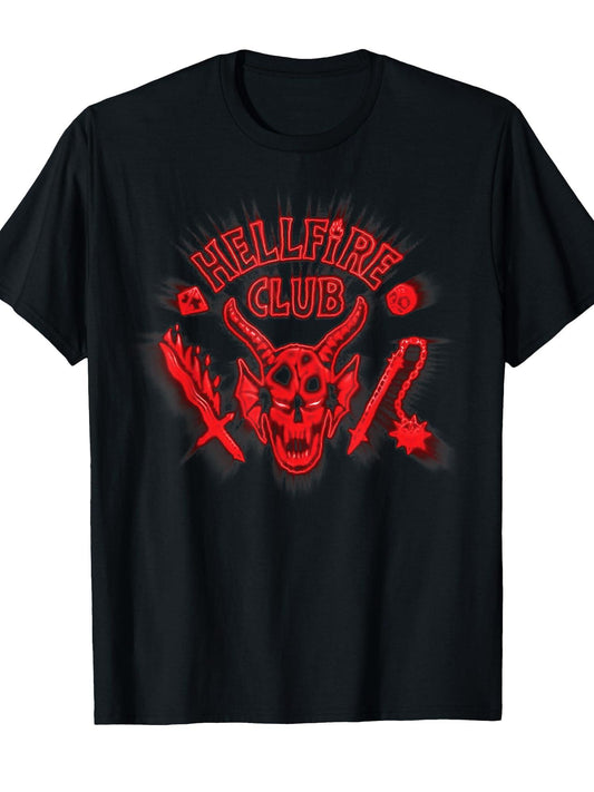 Stranger Things Season 5 Hellfire Club Retro Neon Red Logo T-Shirt Hellfire Club 180gsm Cotton Round Neck Short Sleeve Men Casual T-Shirt
