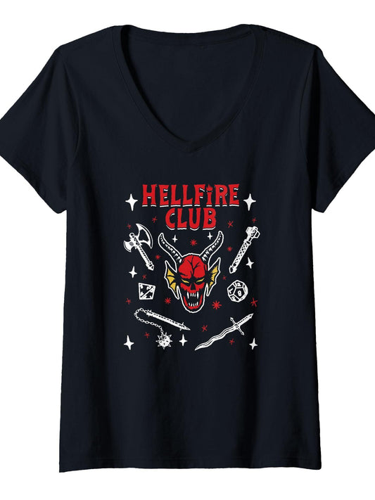 Womens Stranger Things 4 Hellfire Club Icon Collage V-Neck T-Shirt Hellfire Club 180gsm Cotton Round Neck Short Sleeve Men Casual T-Shirt