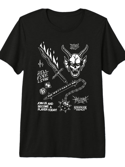 Stranger Things Hellfire Club Demon Skull Flames Premium Tri-Blend T-Shirt Hellfire Club 180gsm Cotton Round Neck Short Sleeve Men Casual T-Shirt