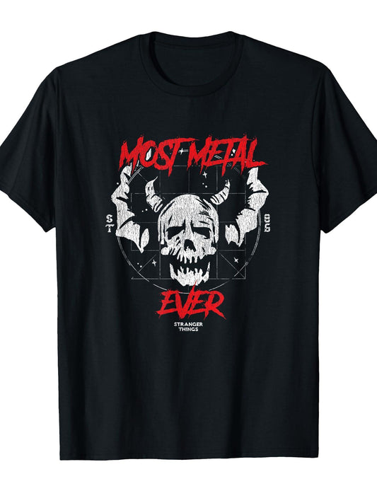 Stranger Things Hellfire Club Most Metal Ever Skull T-Shirt Hellfire Club 180gsm Cotton Round Neck Short Sleeve Men Casual T-Shirt