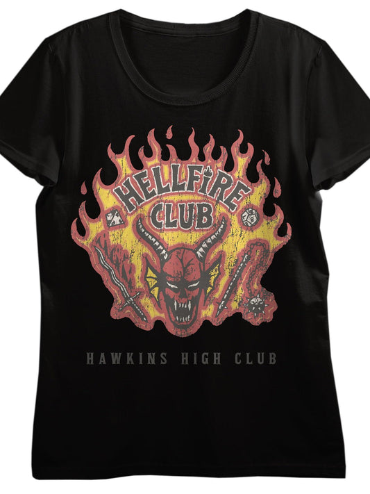 Stranger Things Hellfire Club, Demon with Weapons, Hawkins High Club on Black Short Sleeve Adult T-Shirt Hellfire Club 180gsm Cotton Round Neck Short Sleeve Men Casual T-Shirt