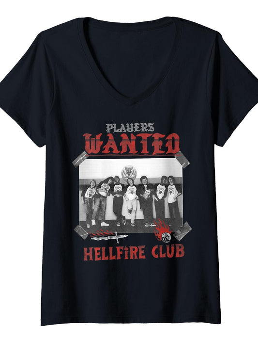 Women's Stranger Things Hellfire Club Eddie Dustin Players Wanted V-Neck T-Shirt Hellfire Club 180gsm Cotton Round Neck Short Sleeve Men Casual T-Shirt