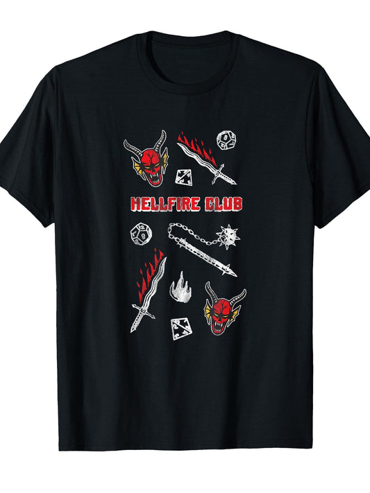 Stranger Things Hellfire Club Flaming Sword Dice Demon T-Shirt Hellfire Club 180gsm Cotton Round Neck Short Sleeve Men Casual T-Shirt