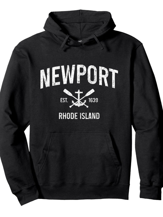Newport Rhode Island Est.1639 Anchor Nautical Pullover Hoodie Anchor Black 250gsm Cotton Long Sleeve Men Casual Hoodie