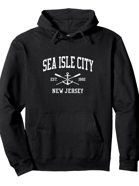 Vintage Sea Isle City NJ Nautical Anchor and Oars Design Pullover Hoodie Anchor Black 250gsm Cotton Long Sleeve Men Casual Hoodie