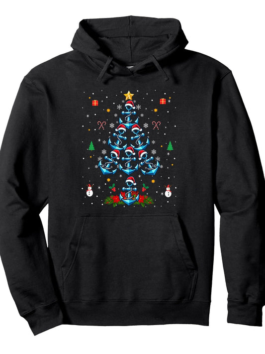 Santa Anchors Christmas Tree Lights Boating Sailing Lover Pullover Hoodie Anchor Black 250gsm Cotton Long Sleeve Men Casual Hoodie